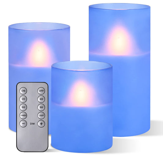 M Mirrowing Frosted Glass Flameless Candles, Battery Operated Candles with Remote & Timer, Real Wax Candles Warm Color Flickering Light for Home Decoration, Set of 3 (D 3"×H 4" 5" 6") Sky Blue