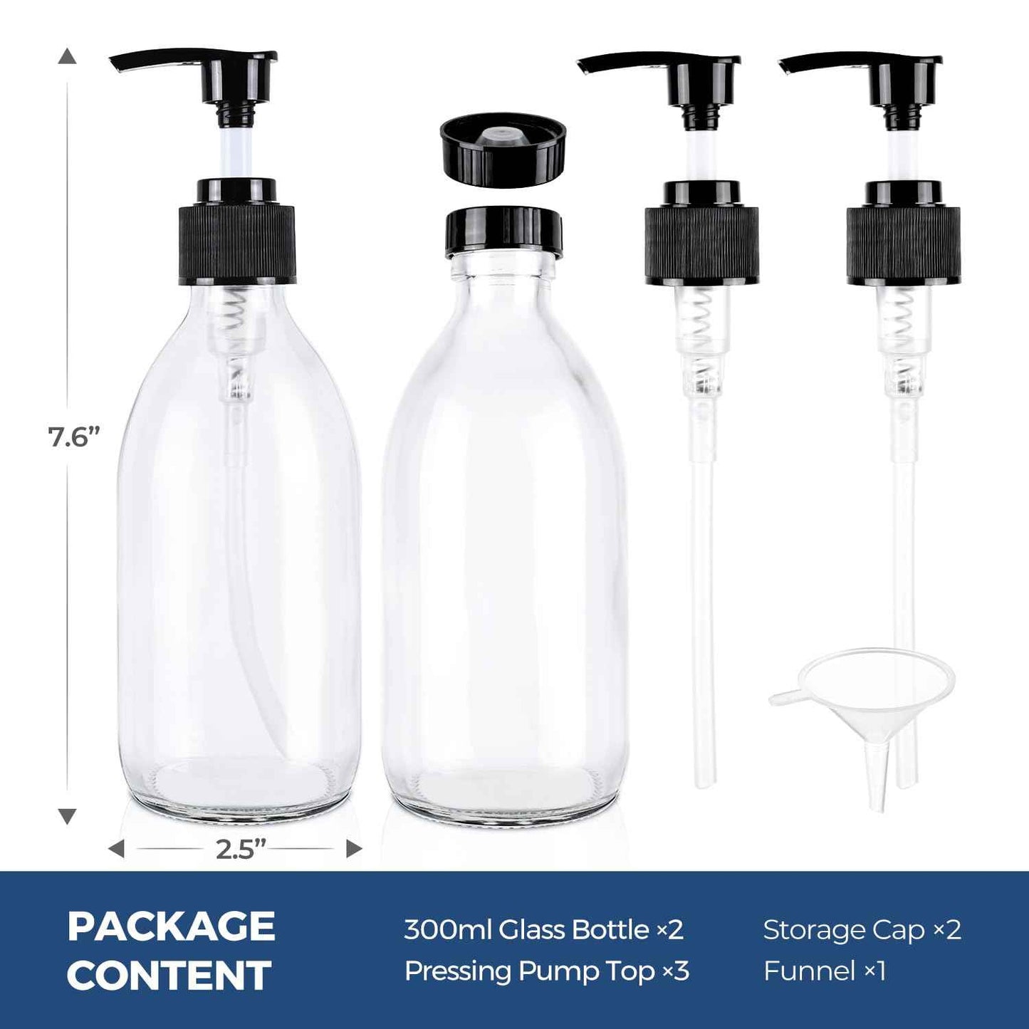 Glass Pump Bottle Dispenser 10.8 oz，Homepicker Lotion Bottle with Pump for Body Oil，300ml Glass Bottles with 1 Extra Pump Tops, Black Caps, Labels - 2 Pack