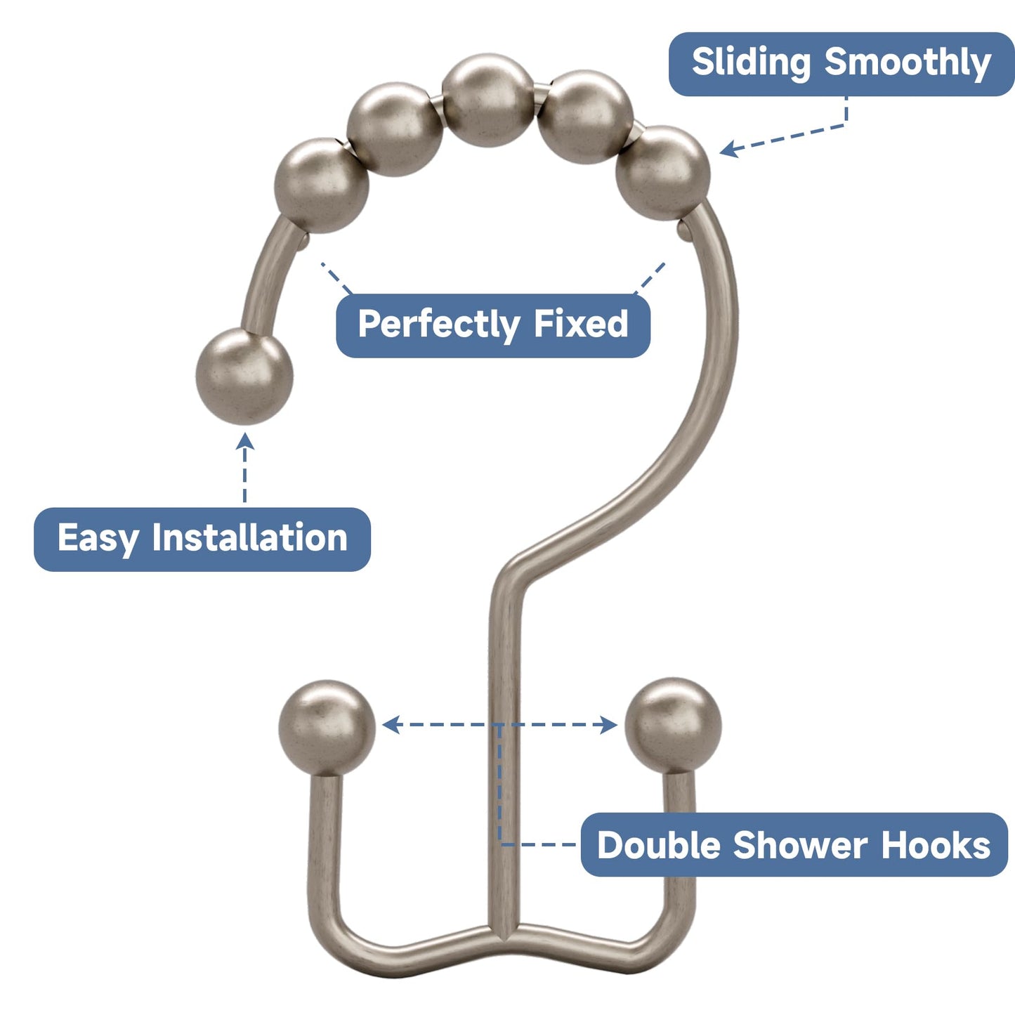 Titanker Shower Curtain Hooks Rings, Rust-Resistant Metal Double Glide Shower Hooks for Bathroom Shower Rods Curtains, Set of 12 Hooks - Matte Nickel