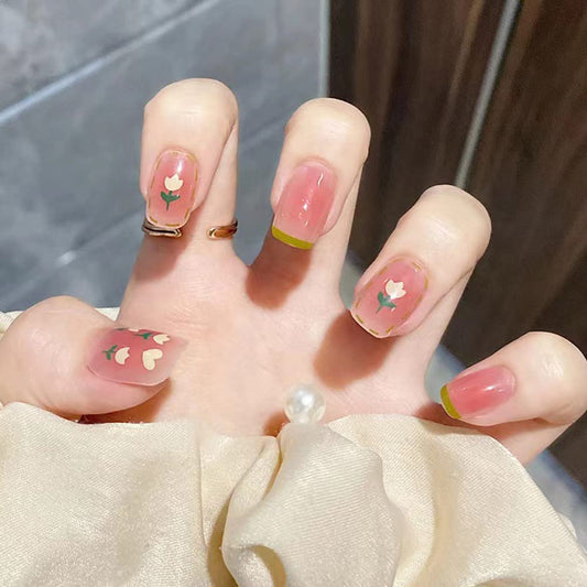 DOUBNINE Press On Nails Short Square Pink Flower Blooming French Tip Gossry Acrylic False Nails with Glue Ballerina Spring Look Full Cover Stick On Nails for Women