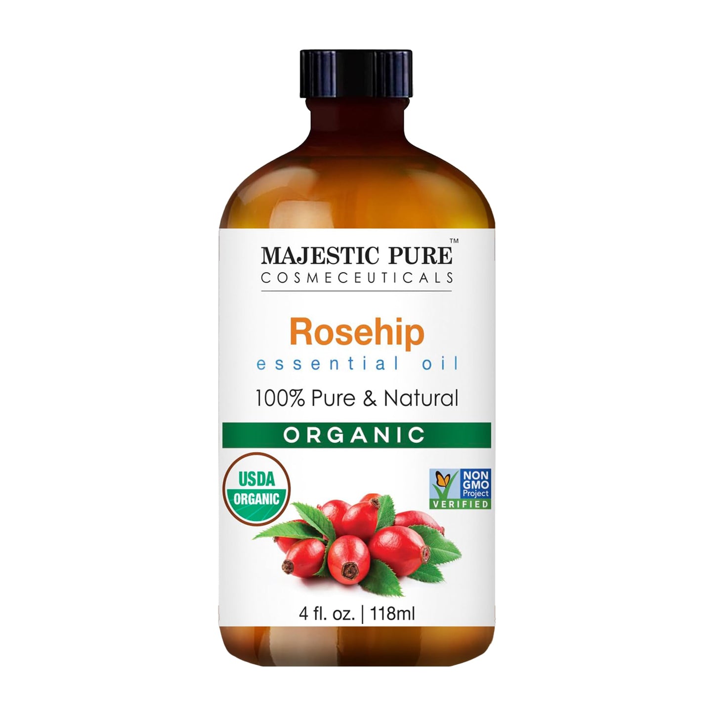 Majestic Pure Organic Rosehip Oil | USDA Organic Oil Rose Hip for Face, Skin, Hair & Massage | Acne Scars & Facial Oil | for Women & Men | 4fl oz