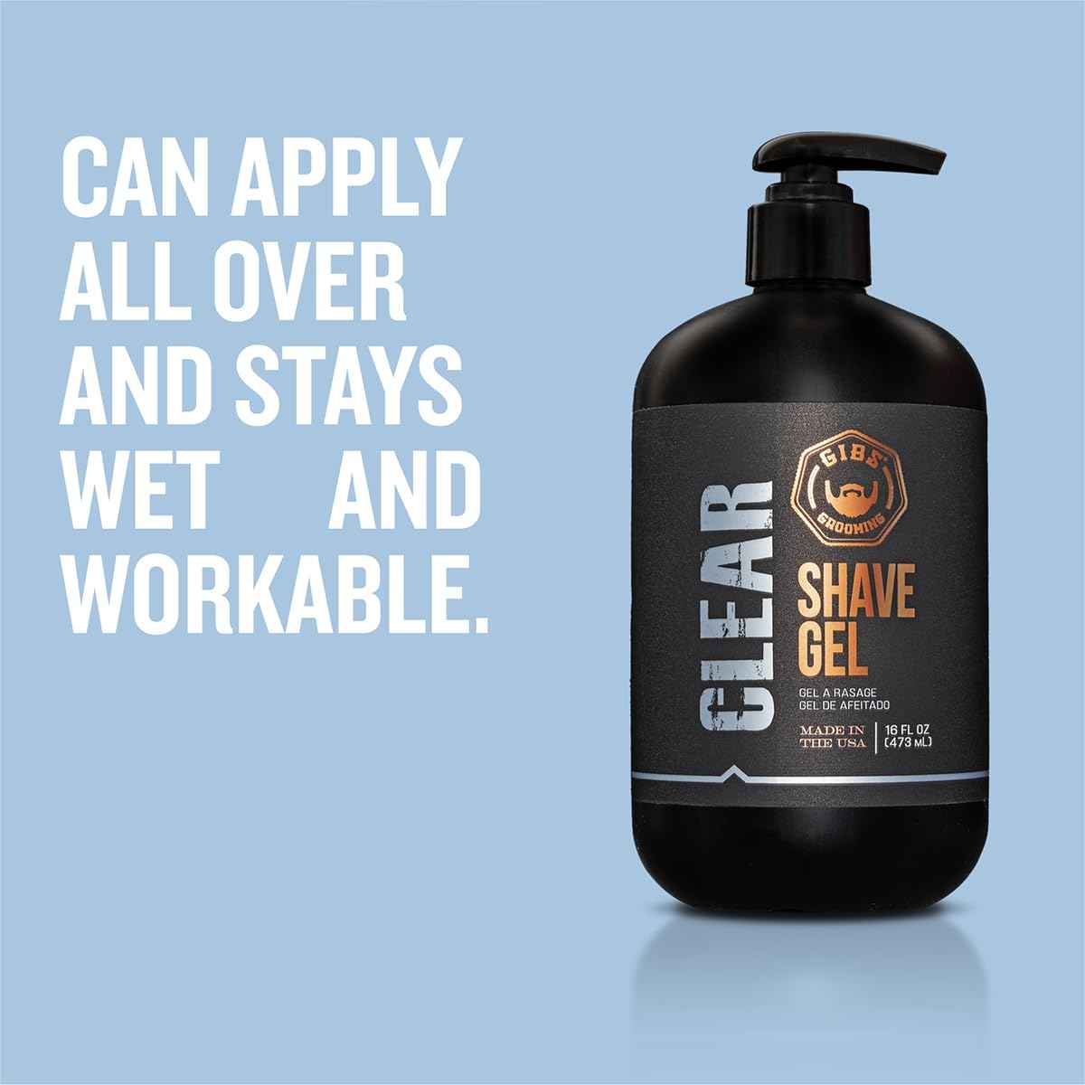 GIBS Grooming Clear Shave Gel, 16oz with pump, Moisturizing shave gel with Shea Butter, Aloe and Oat oil.