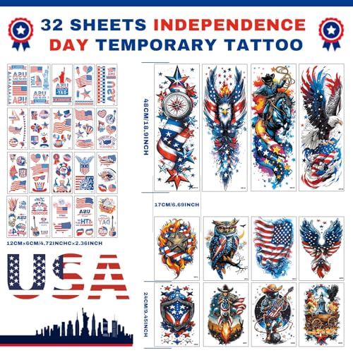 32 Sheets Independence Day Temporary Tattoos, USA Flag Patriotic Waterproof Fake Tattoos, Red White Blue Party Supplies Temp Tattoo Kits 4th of July Memorial Day, Veterans Day, Summer Festivals