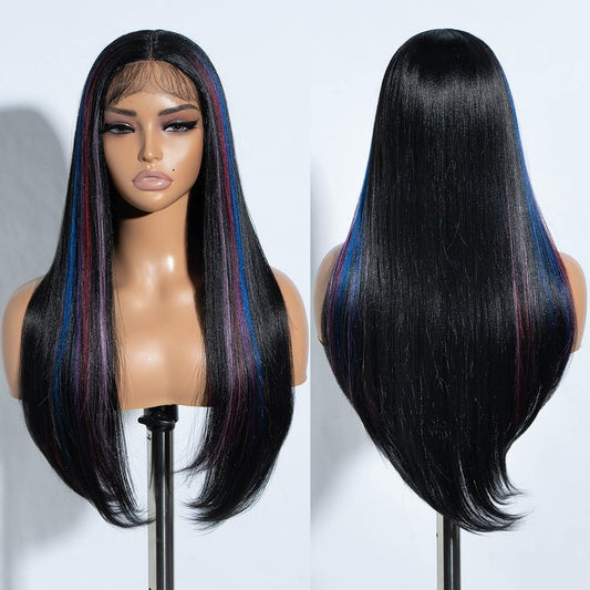 Rebecca Q Long Straight Black Wig For Black Woman Synthetic Hair Replacement Wig with Colorful Highlights Lace Front Wig Middle Partfor Daily Cosplay Use 26inches (VIVI.PLUM)