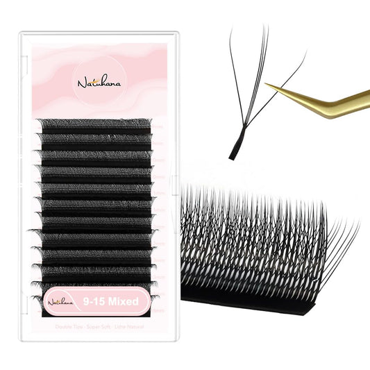 NATUHANA Sandwich Clover W Shape Eyelashes Extension Dual-Core 3D Premade Fans 0.07mm C Curl 9-15mm Mixed Tray Lash Extensions Blooming Flower Eyelash 12 Rows/Case (S3D black;0.07 C, 9-15 MIX)