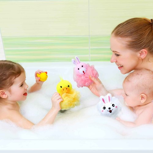 16 Pcs Kids Bath Loofahs Bulk Animal Cartoon Bath Sponge Cute Pouf Mesh Body Loofah Colorful Exfoliating Scrubber Shower Ball for Kids Toddler Boys Girls Adults