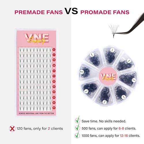 VNE Eyelashes 500 Fans Tray Volume Lash Extensions Mixed length | Premade Fans Eyelash Extensions | Mega Lash Extension | Promades Eyelash Fans | 5D, CC Curl, 9-16mm