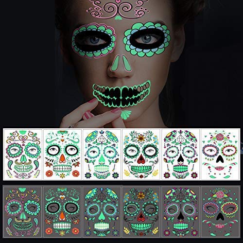 Glow in the Dark Temporary Face Tattoos, 6 Sheets Sugar Skull