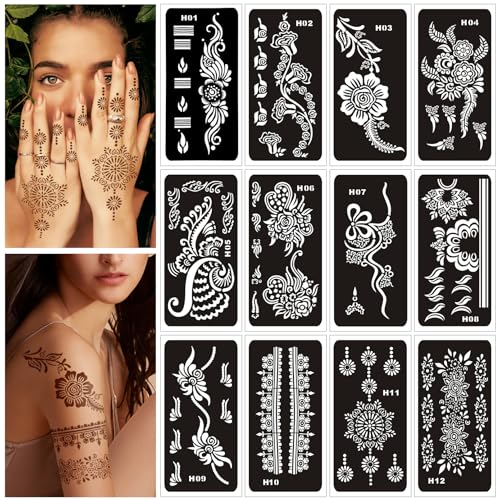 Henna Tattoo Stencils Kit - 12 Sheets for Hands, Kids & Adults