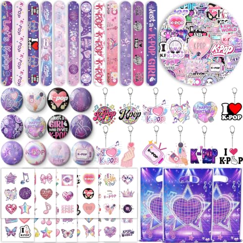 ANONDF 240Pcs Kpop Party Favors: Tattoos, Stickers, Slap Bracelets, Badges, Keychains & Pins (Colorful)