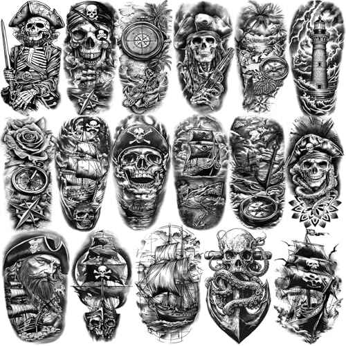 77 Sheets Temporary Tattoo, 17 Sheets Half Arm Pirate Captain Skull Compass Fake Tattoos for Women Men, 60 Sheets Pirate Anchor Sword Flag Realistic Tiny for Adult Kids Body Tattoos Stickers