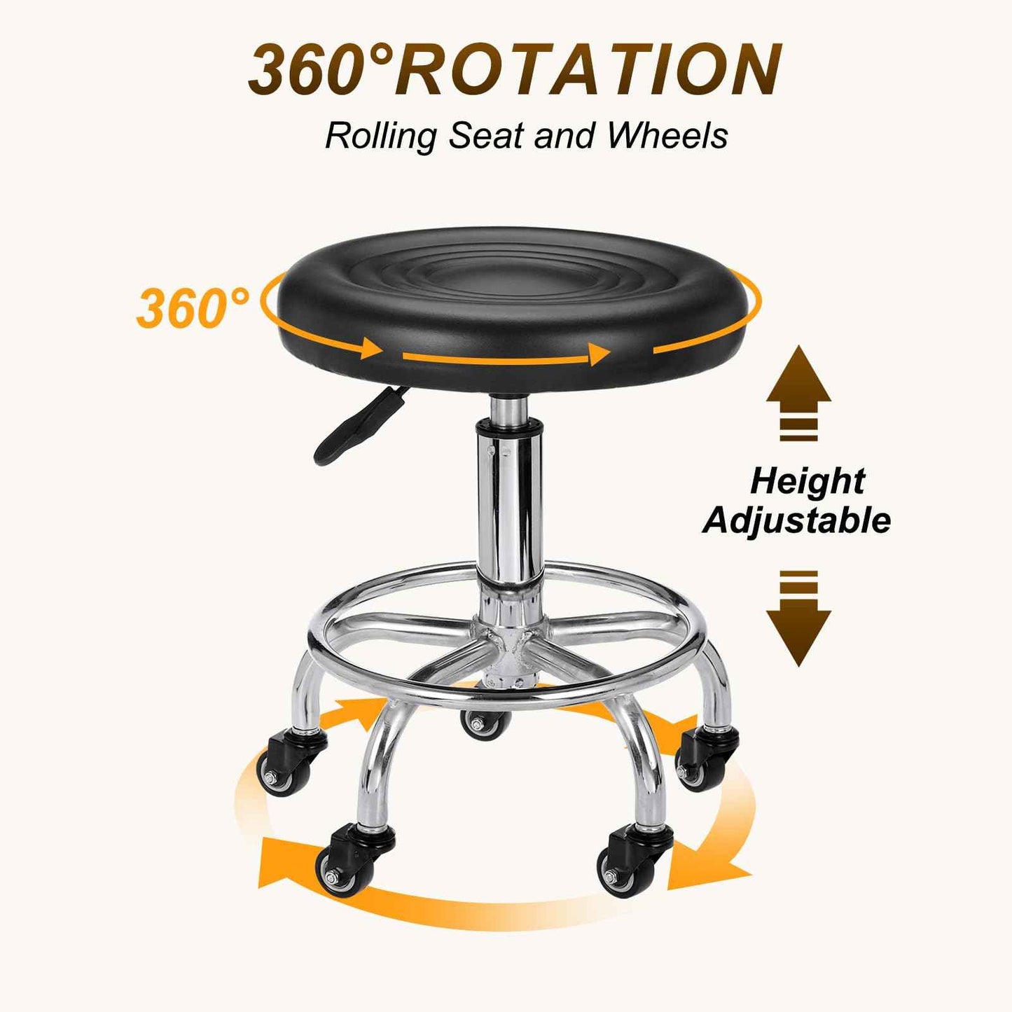 PATIKIL Adjustable Height Rolling Stool with Wheels, PU Leather Round Rolling Desk Stool for Tattoo Massage Salon Spa Salon Teach Facial Office, Black