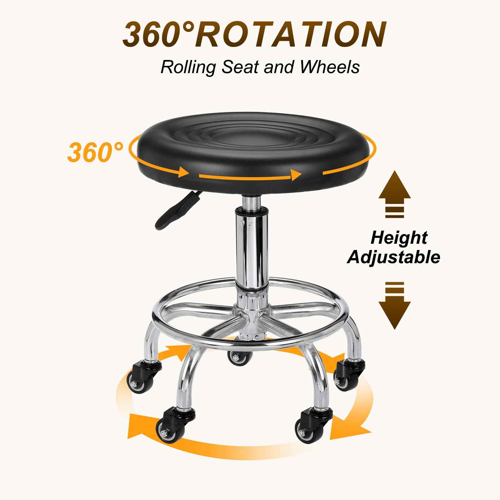 PATIKIL Adjustable Height Rolling Stool with Wheels, PU Leather Round Rolling Desk Stool for Tattoo Massage Salon Spa Salon Teach Facial Office, Black