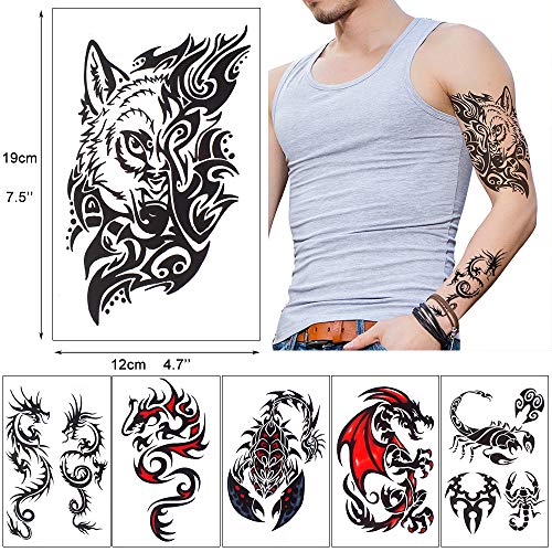 18-Sheet Realistic Fake Tattoos - Waterproof Tribal Dragon & Wolf Designs