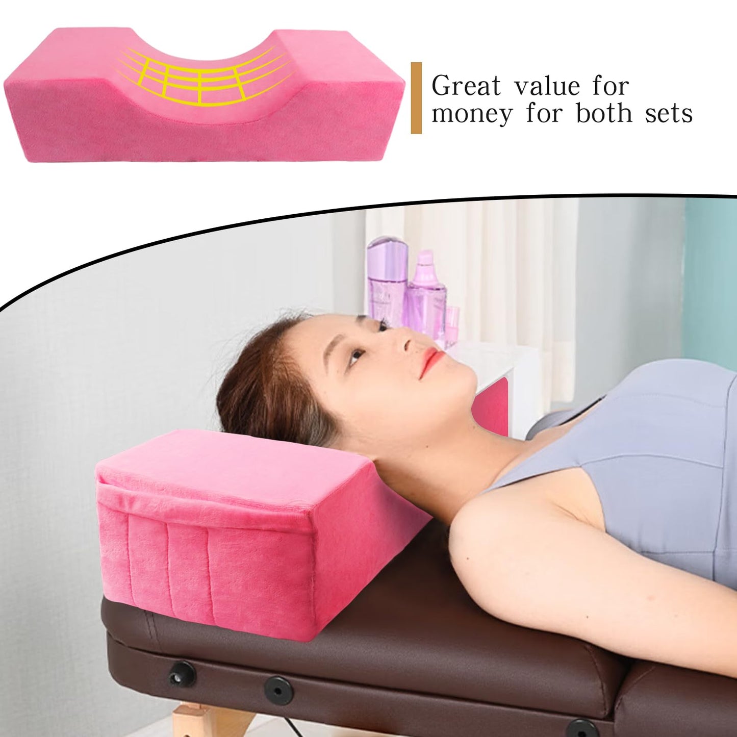 Beauty Salon Eyelash Extension Neck Pillow - Comfortable Velvet Beauty Memory Foam Pillow,Eyelash Pillow Grafted Eyelash Curve Pillow with Makeup Pocket to Protect Neck（Rose Pink）