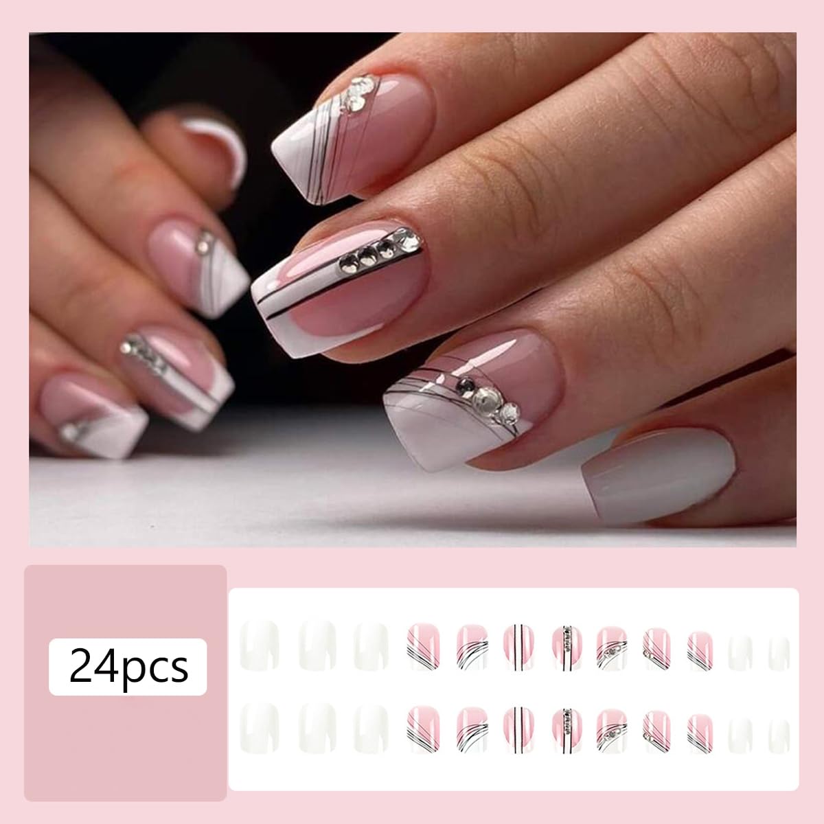 Square Press on Nails Medium, French Line Fake Nails with Rhinestones Design Glossy Acrylic False Nails,Artificial Nails for Women and Girls 24pcs