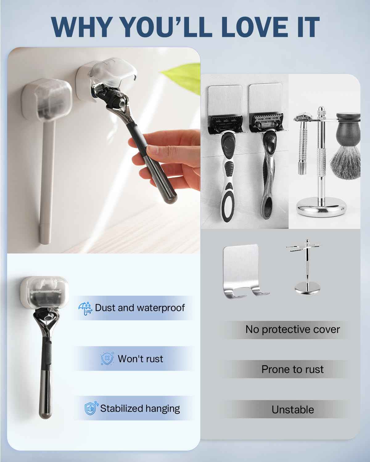 BEZOX Wall Mounted Razor Holder (2-Pack) – Auto-Closing Dust Cover, No-Drill Adhesive Mount Razors Hanger for Shower & Bathroom – Sleek Razor Stand for Men, Safety Razor Organizer with Secure Hooks