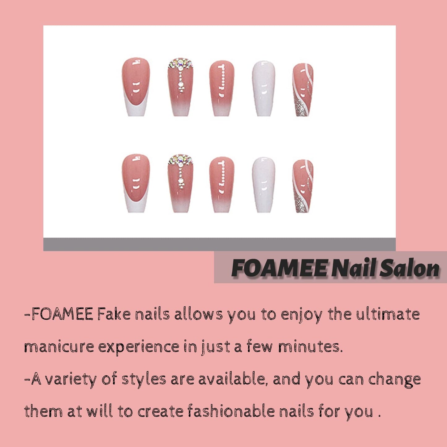 FOAMEE French Tip Press on Nails Medium Coffin Fake Nails with Luxury Rhinestones Designs Acrylic Glossy False Nails for Women