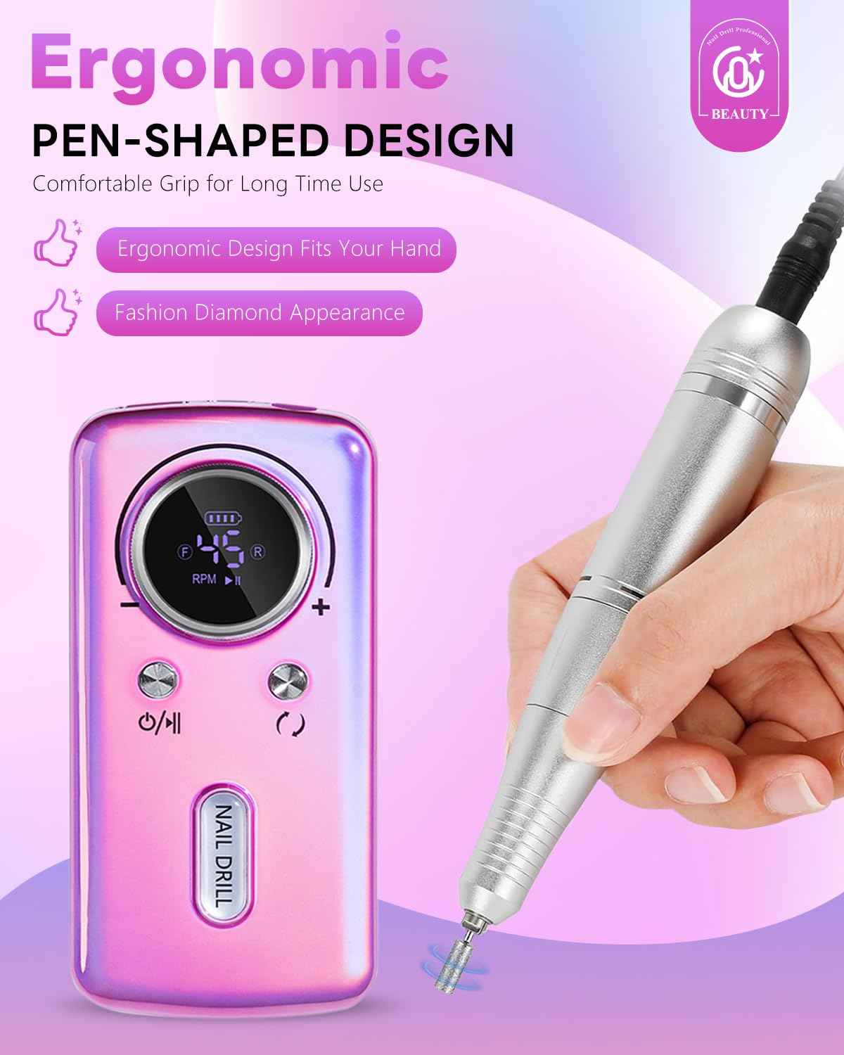 CozyZen Cordless Nail Drill Professional: 45000 RPM Rechargeable Electric Nail File Kit, Portable & Low Noise for Acrylic, Gel Nails, Manicure & Pedicure - Salon & Home Use