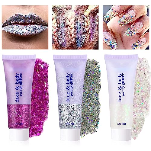 3 Color Face and Body Glitter Gel, Neon Outfit Glow Party for Body Hair Face Nail Glitter Stick Makeup. (01-Blue&02-Gold &06-White Moonbeam)