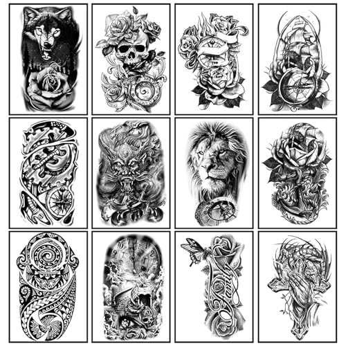 Yazhiji 36 Sheets Temporary Tattoos Stickers, 12 Sheets Fake Body Arm Chest Shoulder Tattoos for Men or Women with 24 PCS Tiny Black Tattoos