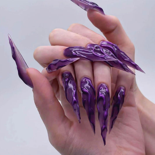 RUOKEXIN Halloween Press on Nails Long Stiletto Fake Nails Purple False Nails with Glitter Designs Long Halloween Nails Halloween Nail Press ons Glossy Artificial Nails Cute Stick on Nails for Women