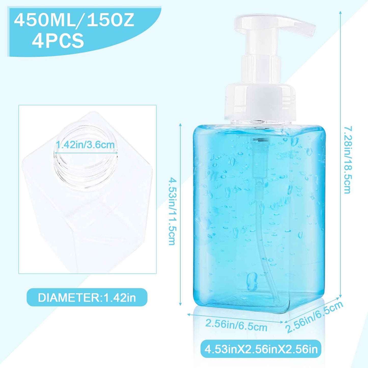 Foaming Soap Dispenser 15oz/450ml Clear Empty Foam Soap Dispensers, Square Refillable Plastic Foaming Hand Soap Dispenser Soap Pump for Liquid Soap, Shampoo, Body Wash(4 Pack)