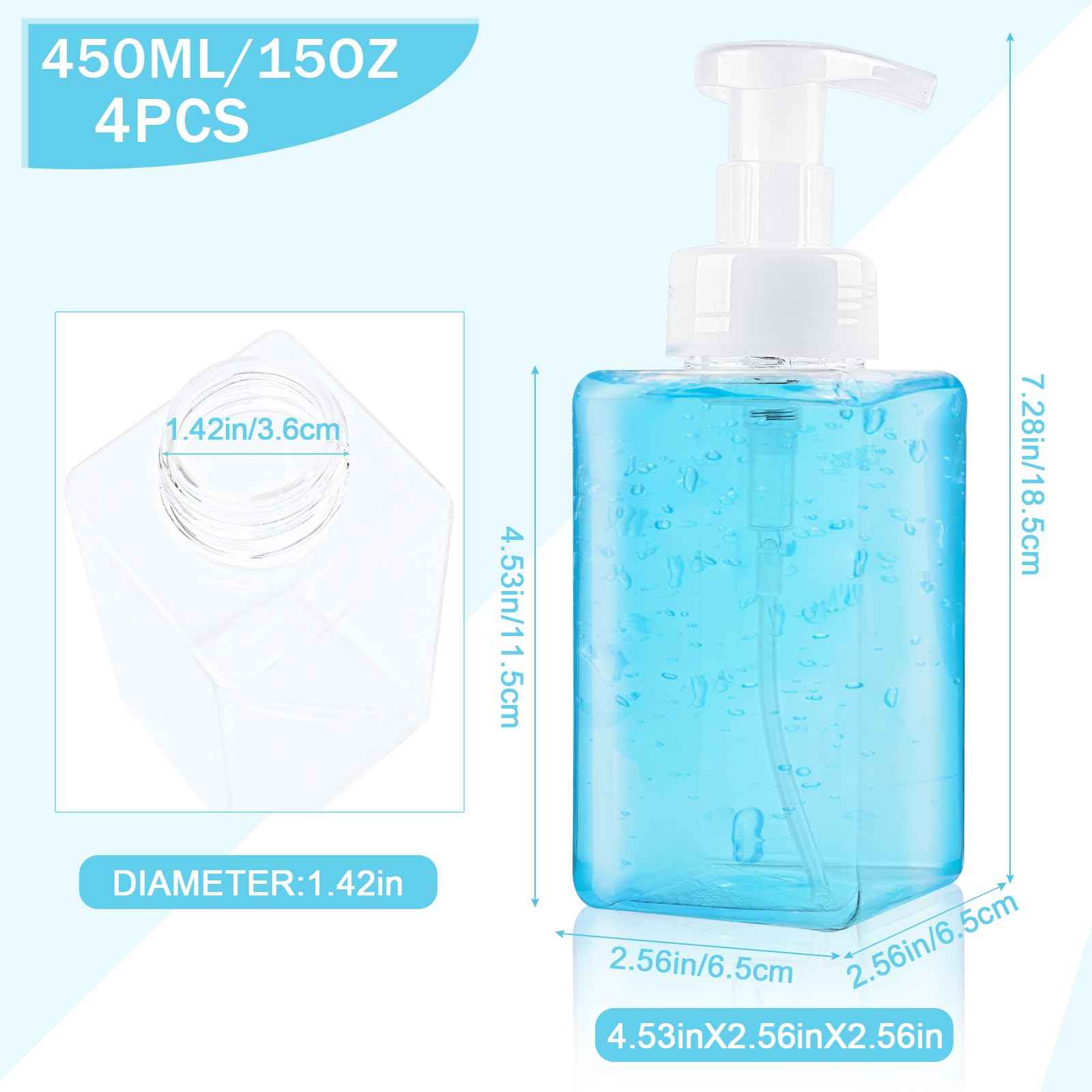 Foaming Soap Dispenser 15oz/450ml Clear Empty Foam Soap Dispensers, Square Refillable Plastic Foaming Hand Soap Dispenser Soap Pump for Liquid Soap, Shampoo, Body Wash(4 Pack)