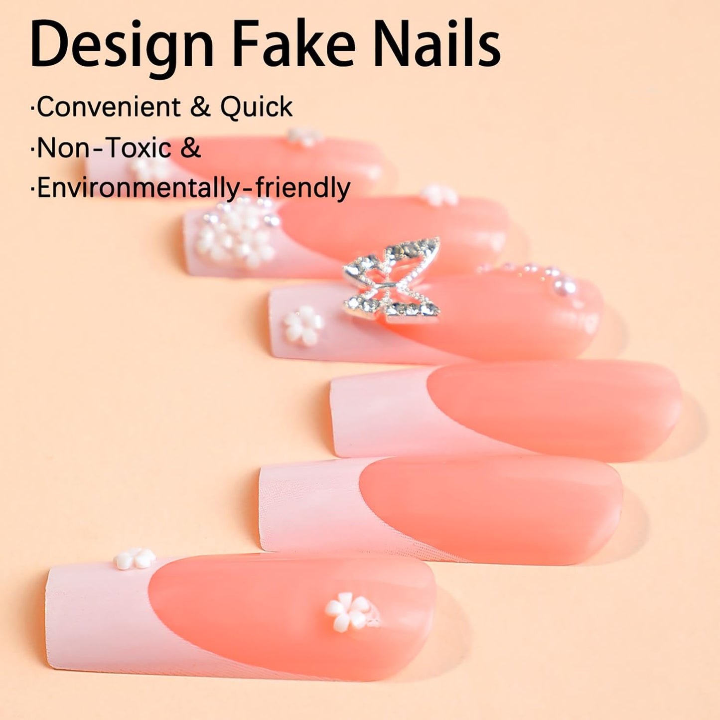 24 Pcs Long Coffin Press on Nails French Tip Fake Nails Pink False Nails with Pearl Butterfly Flower Designs Acrylic Nails Glossy Glue on Nails Artificial Stick on Nails for Women Girls Nail Supplies