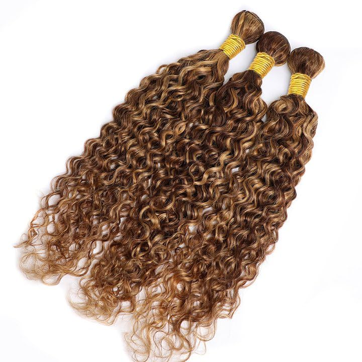 Freiuoke 300g Honey Blonde Water Wave Human Hair Bundles #P427 20 22 24 Inch Highlight Virgin Hair