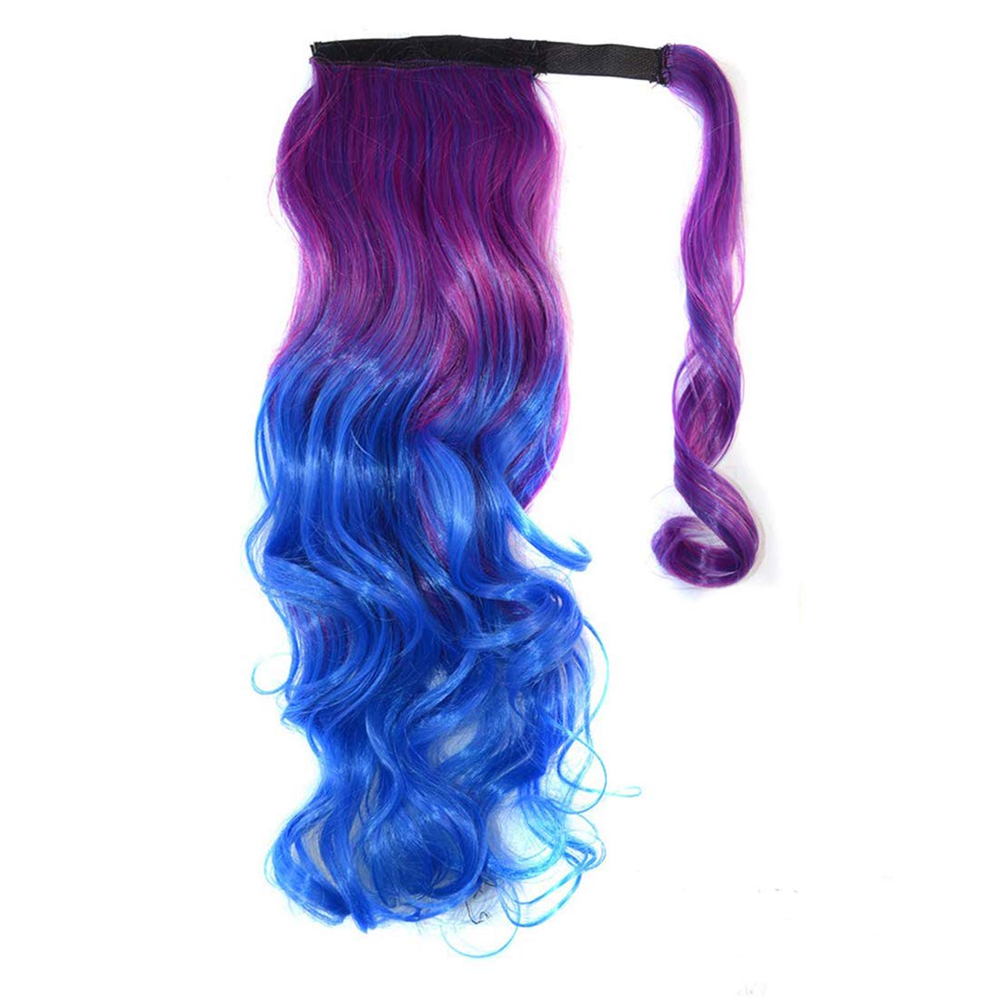 BEkjdiof Ponytail Extension 16 Inch Curly Ponytail Extension Wavy Magic Paste Wrap Around Pony Tail Colorful Cosplay Party Synthetic Hairpiece for Women (ombre blue)