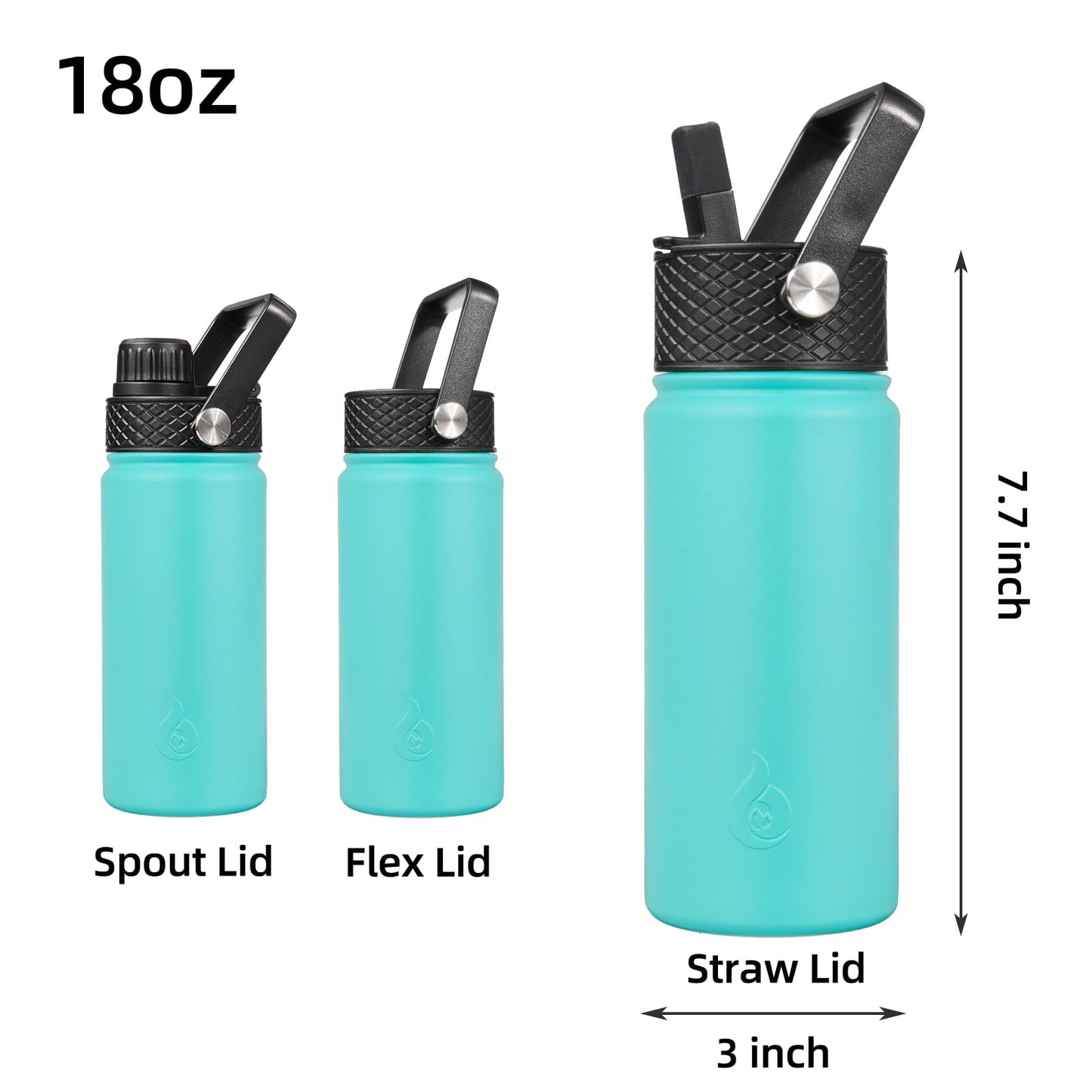 BJPKPK Insulated Water Bottles with Straw Lid, 18oz Stainless Steel Metal Water Bottle, Cold & Hot Water Bottle with 3 Lids, Leak Proof BPA Free Travel Cup, Wide Mouth Flasks, Thermos-Turquoise