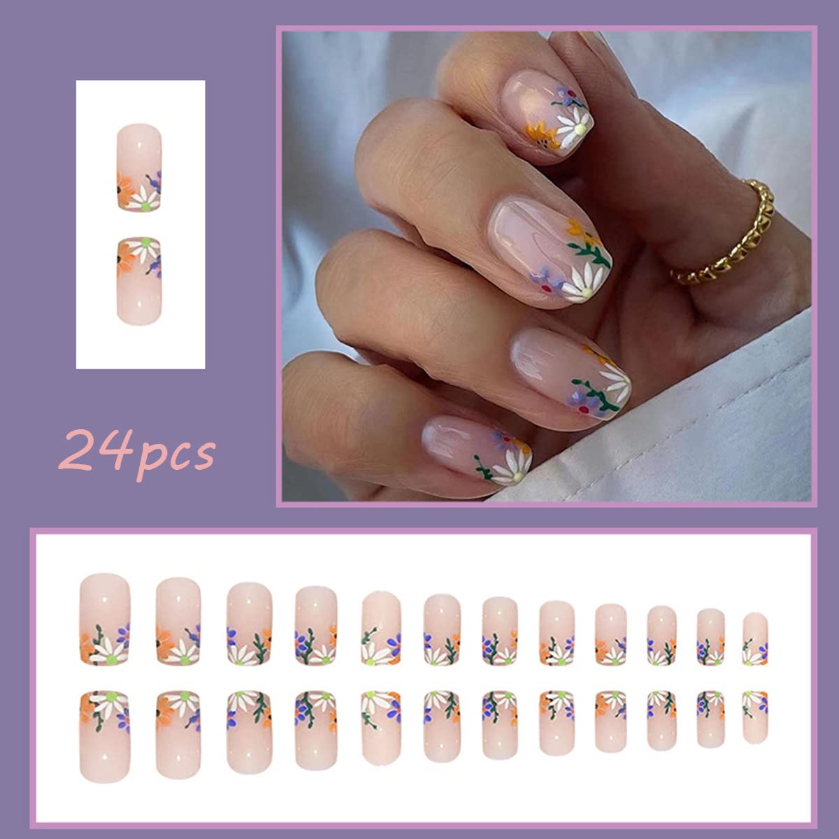 24 Pcs Square Press on Nails Short, Small Purple Flowers Glue on Nails, Acrylic French Tips Fake Nails with Little Daisies Floral Designs, Artificial Stick on False Nails for Women Girls Nail Decorations