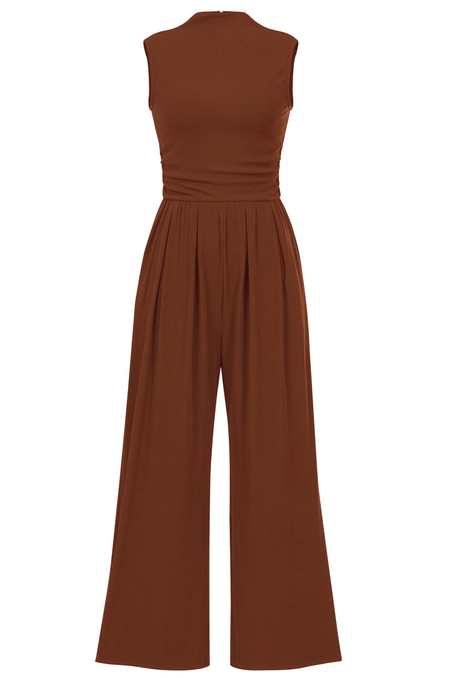 PRETTYGARDEN Womens Summer Jumpsuits Dressy Casual One Piece Outfits Sleeveless Mock Neck Wide Leg Pants Rompers with Pockets (Brown,Small)