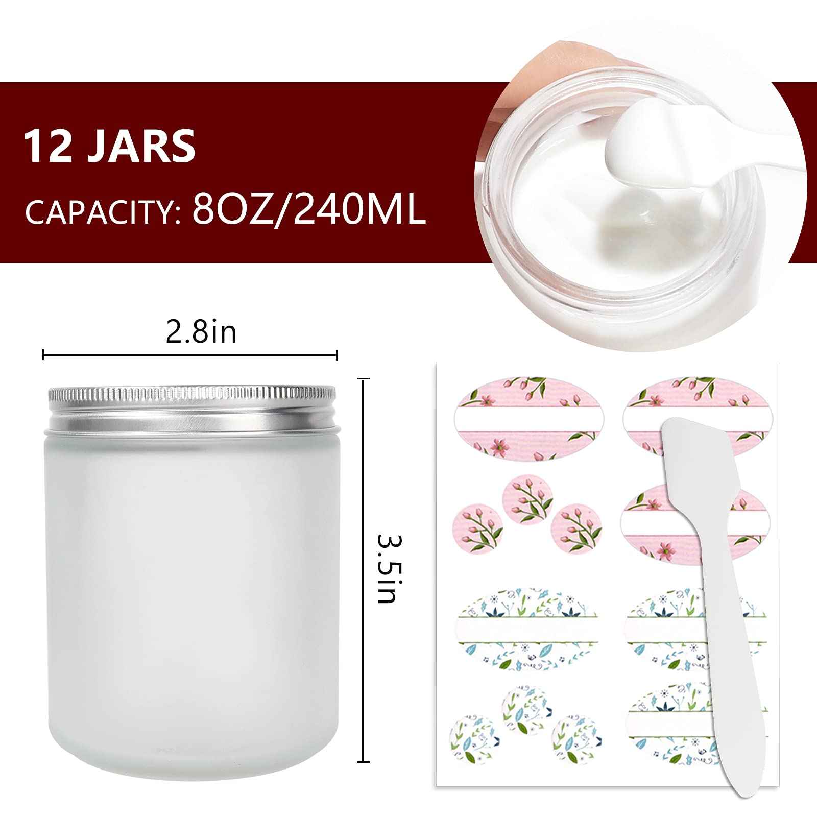 12 Pack 8 oz Round Frosted Glass Jars with Silver Metal Lids, 240ml Matte Clear Empty Candle Jars Cosmetic Jars Food Storage Containers, Canning Jars For Spice,Powder,Liquid,Sample,Face Cream Lotion