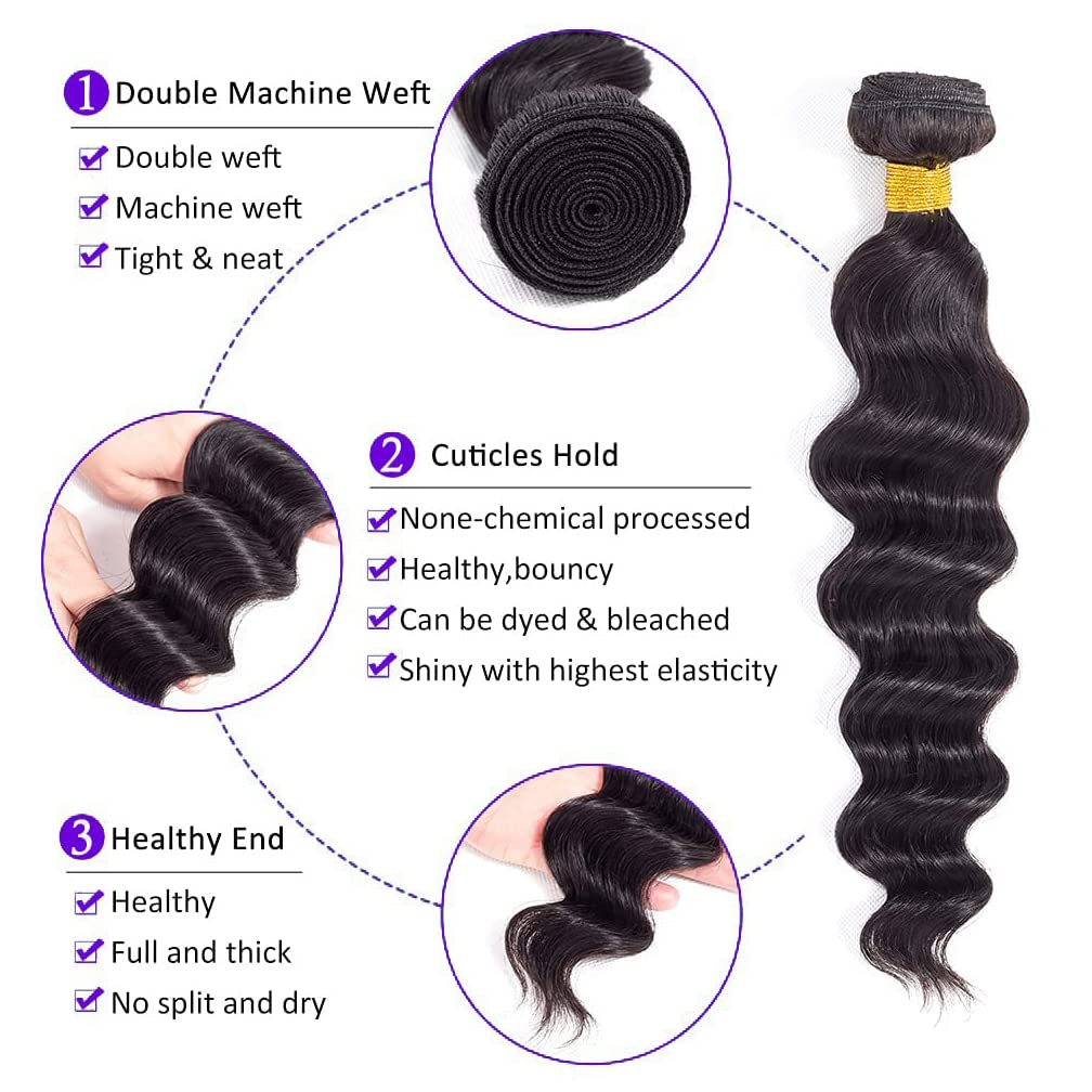 Loose Deep Wave Bundles Human Hair 4 Bundles 20 22 24 26 Inch 100% Unprocessed Brazilian Virgin Human Hair Bundles Loose Deep Wave Human Hair Weave 4 Bundles Can Be Dyed and Bleached Natural Black