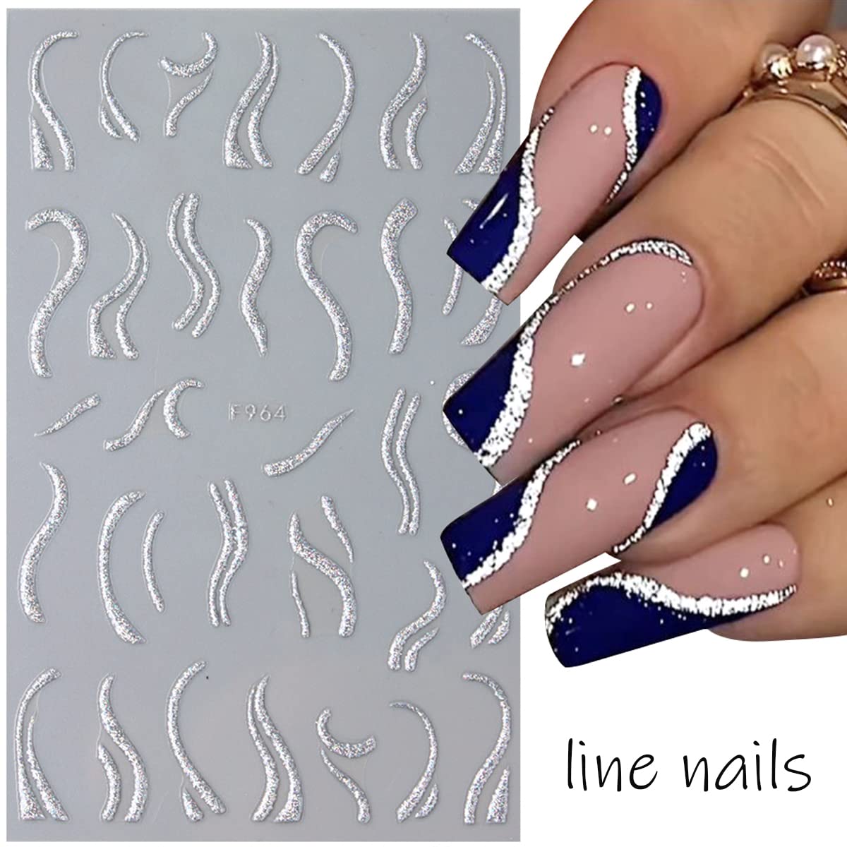 8Sheets French V-Shaped Sparkly Glitter Line Nail Stickers Star Heart Butterfly Design Reflective Silver Glitter Sticker Holographic Swirl Stripes Curve Lines Decals for Women DIY Decoration Nail Supplies