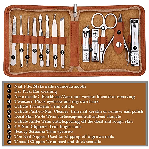 FAMILIFE F03 Manicure Set, Pedicure Kit Nail Clipper Set 13pcs Professional Men Grooming Kit and 11 in 1 Stainless Steel Mens Manicure Kit Leather Pedicure Tools Kit Grooming Kit with Travel Case Box