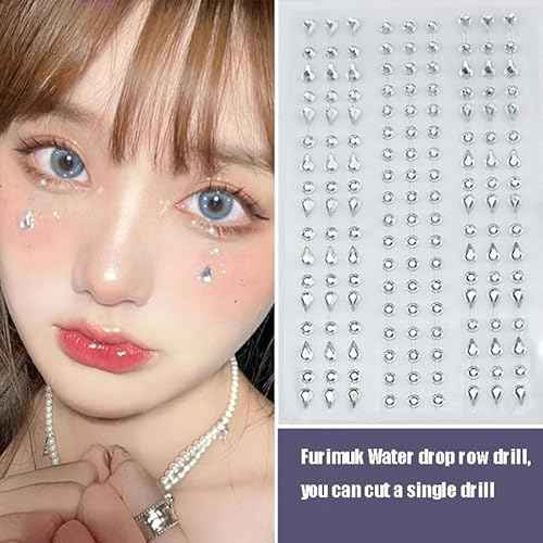 Face Gems Self-Adhesive Water Drop Rhinestone Jewels Stickers for Makeup, Teardrop Stick-on Pearls Hair Gems for Women Festival, Hair, Eye, Nail, Body Decorations Accessory
