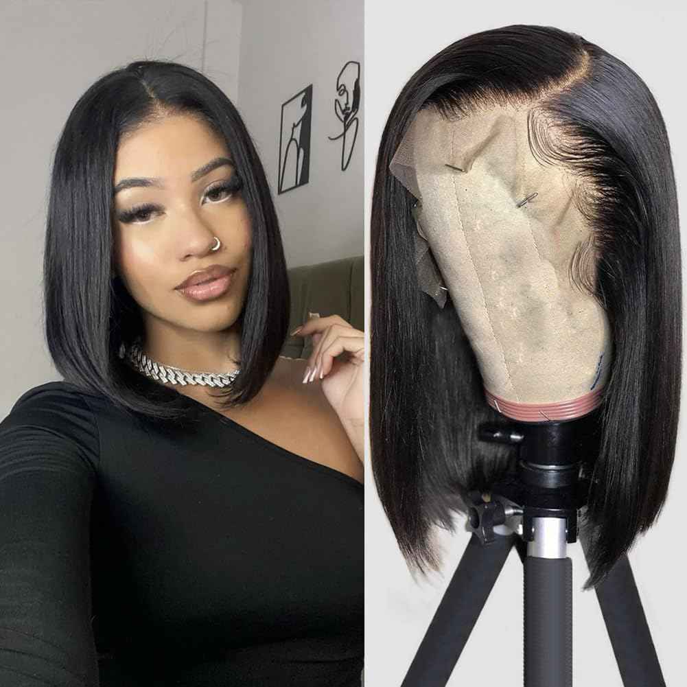 LARYNX Straight Bob Lace Front Wigs Human Hair Full 13x4 Transparent HD Lace Front Wigs Pre Plucked 180% Density Glueless Wigs Real Human Hair Wig For Women (12 Inch)