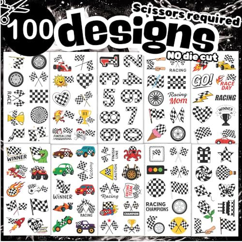 Checkered Temporary Tattoos for Kids and Adults ? Black and White Racing Flag Designs, Waterproof Party Favors for Race Car Birthday Supplies & Decorations, Sports Events, Goodie Bags