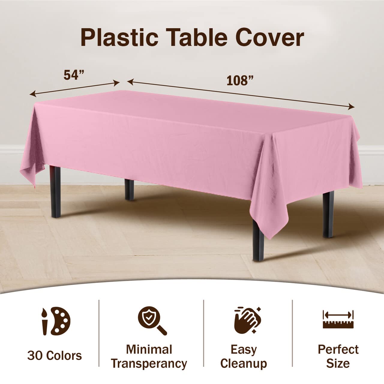 Exquisite 6-Pack Premium Plastic Tablecloth 54in. x 108in. Rectangle Plastic Table Cover - Pink