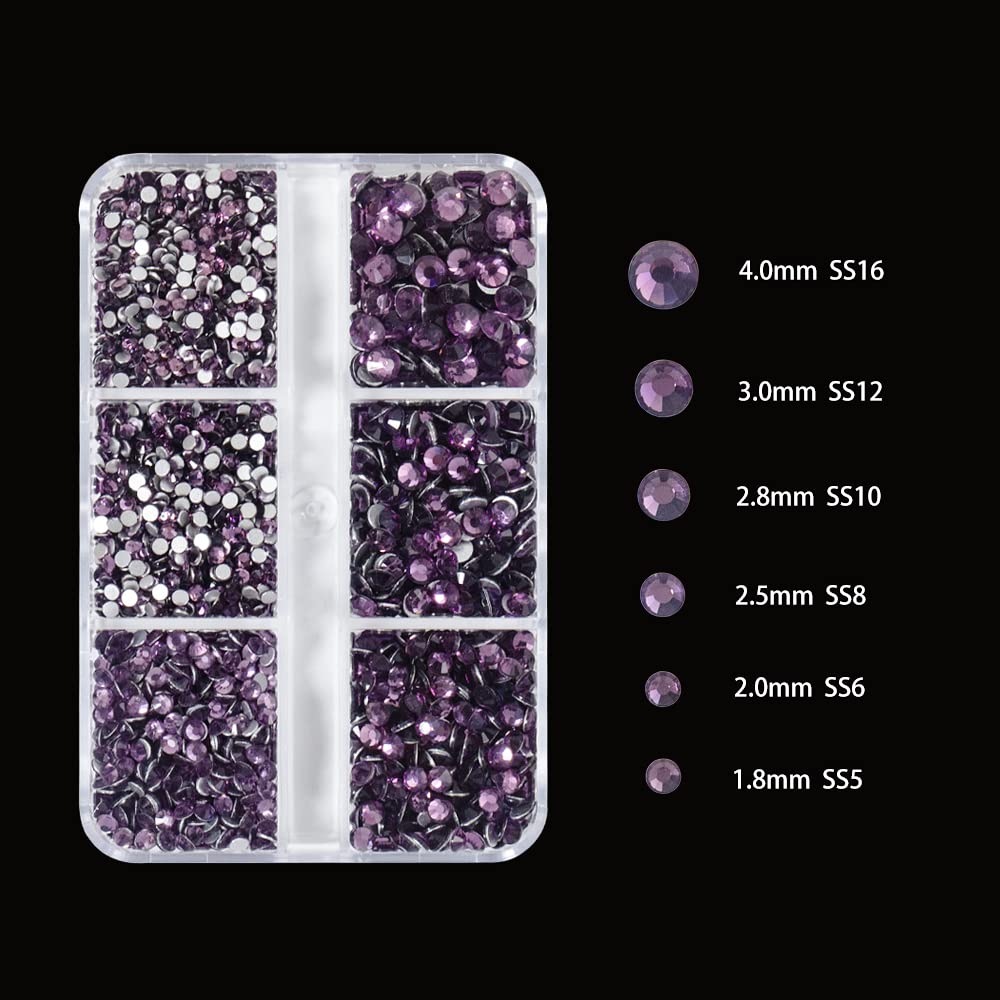 6Grids 3000Pcs Clear Flatback Rhinestones, Lotus Purple Nail Gems Crystals Jewels, Craft Glass Diamonds Stones Bling Rhinestone with Tweezers and Picking Pen For Nail Face Makeup(1.8mm~4mm Crystal)