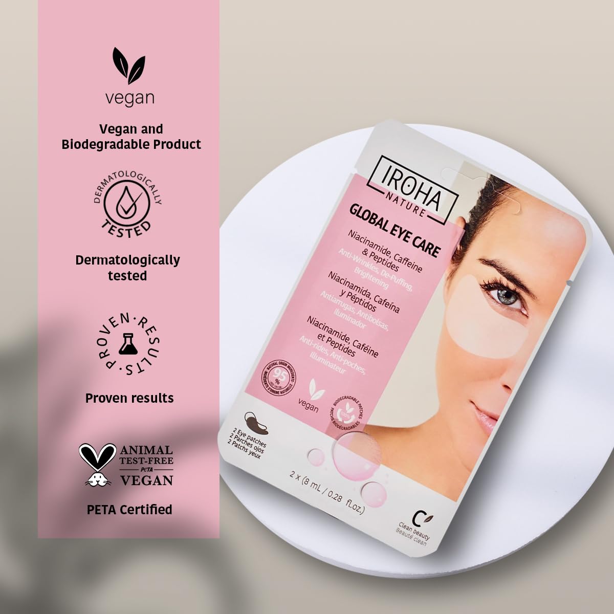 IROHA NATURE Eye Masks, Reduces Wrinkles, Dark Circles & Puffiness - Pack of 5 Pairs - Hydrating Patches with Niacinamide, Caffeine, Peptides - Vegan, Cruelty-Free, Skincare, Under Eye Treatment, Gift