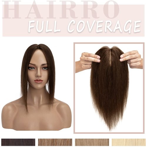 Hairro Hair Topper Human Hair, Clips in 100% Real Hairpieces with 4"x 4.7" Silk Base for Women, for Thin Hair/High Hairline/Covering Greyish Hair on Top, 6 Inch Medium Brown