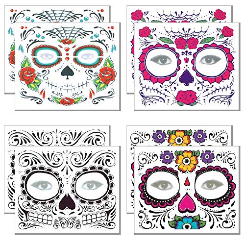 Day of the Dead Sugar Skull Temporary Face Tattoos - 8 Pack