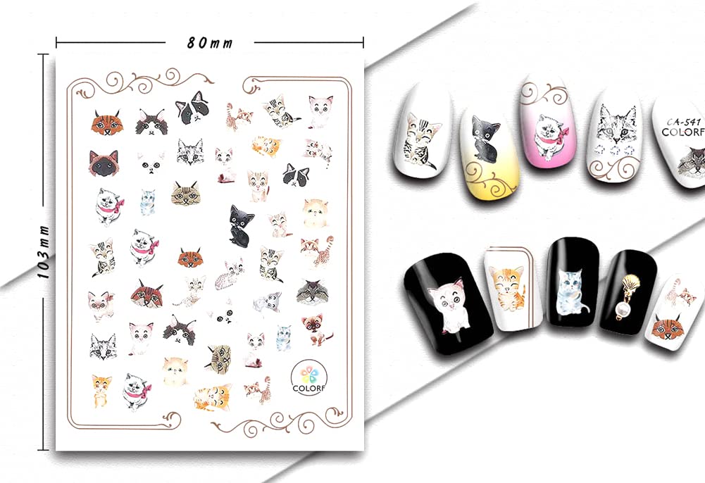 6 Sheets Cute Cat Nail Art Stickers Cartoon Nail Decals 3D Nail Art Supplies Self-Adhesive Cat Cartoon Designer Nail Stickers Manicure Tips Acrylic Nails Decoration Accessories for Women Kids Girls