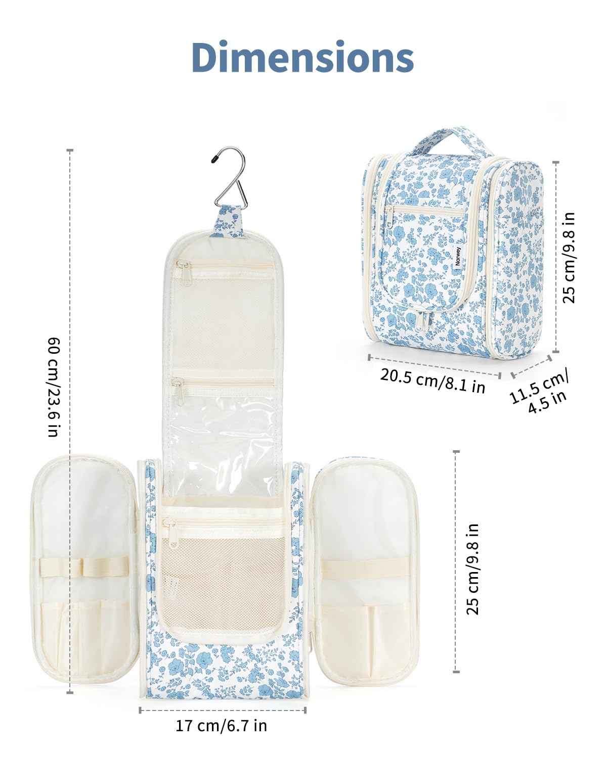 Narwey Hanging Toiletry Bag Women Travel Makeup Bag Organizer Toiletries Bag for Travel Size Essentials Accessories Cosmetics (Medium,Little Blue Flower)