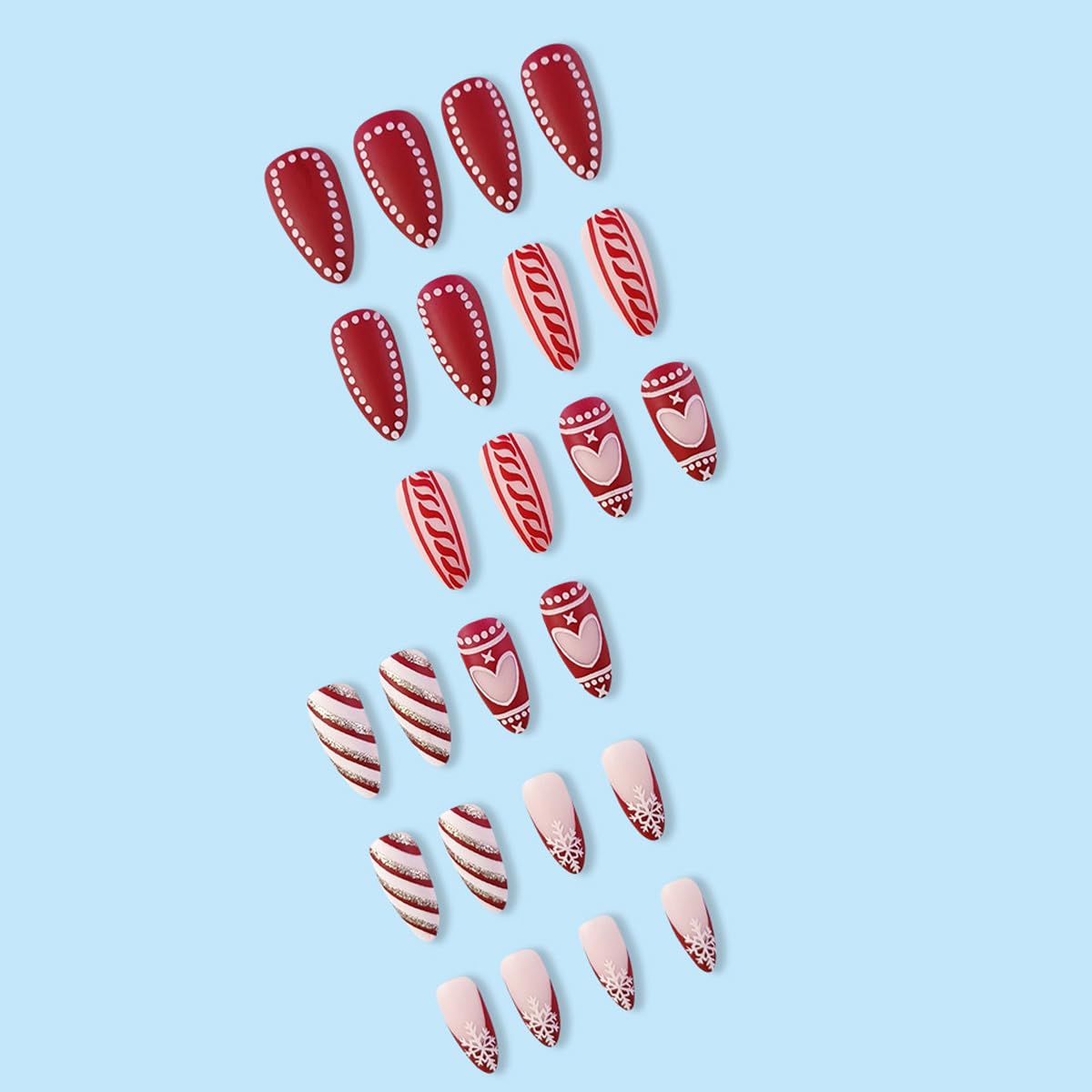 24PCS Christmas Press on Nails Medium Length Fake Nails Red Acrylic Nails with Snowflake Love Heart White Stripes Designs False Nails French Tip Glue on Nails Artificial Nails for Women and Girls