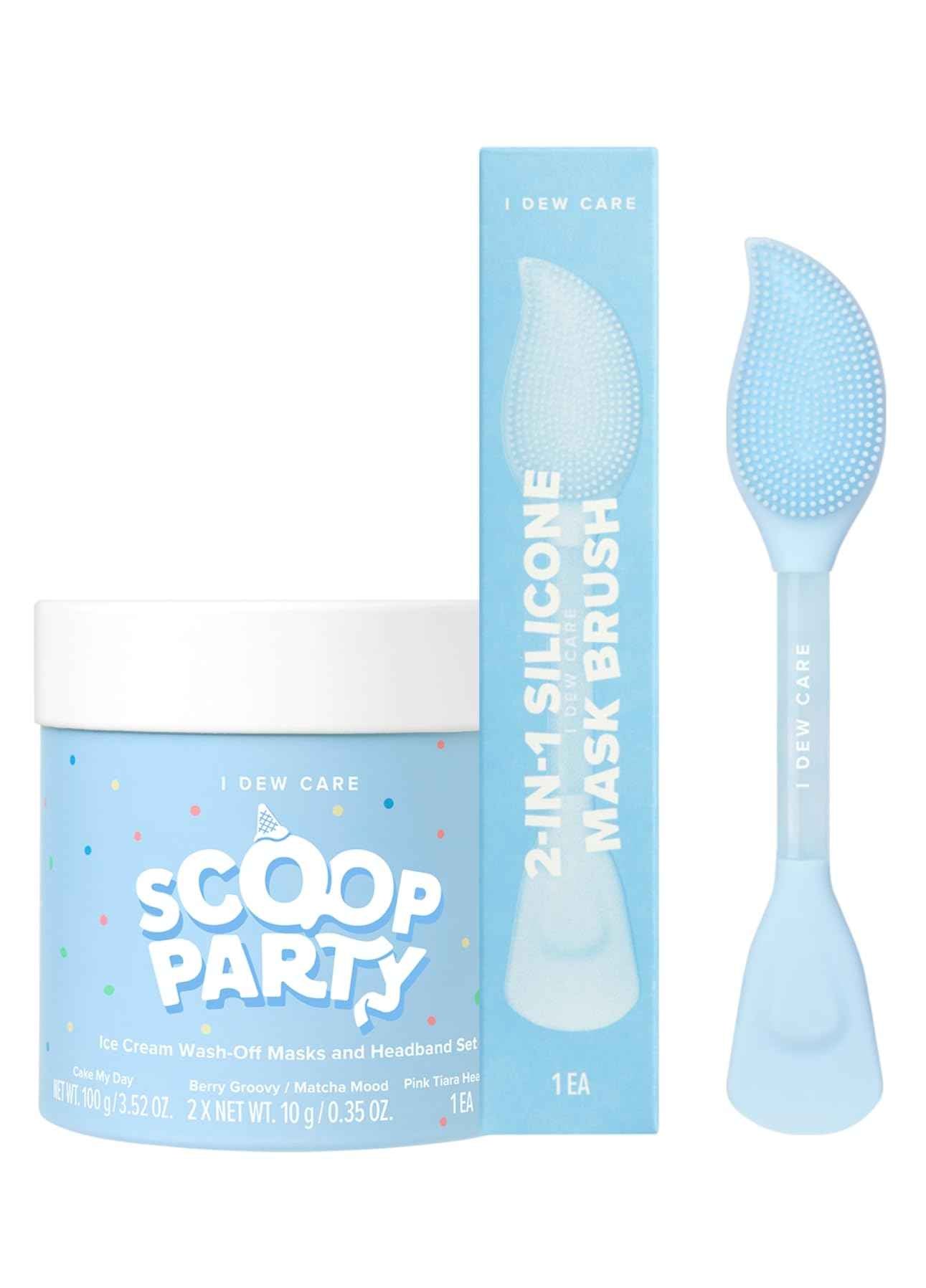 I DEW CARE Wash-off Masks with Headband Set - Scoop Party + 2-in-1 Cleansing Firming Silicone Mask Brush Bundle